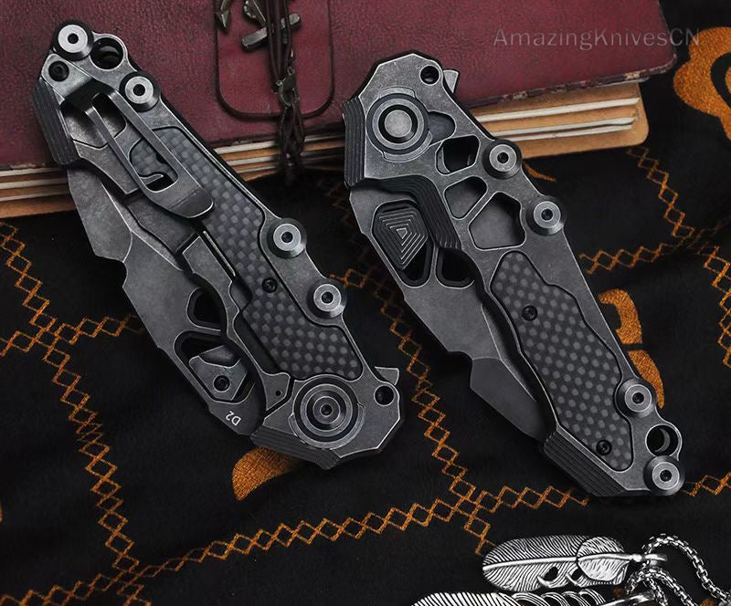 D2 Folding Knife Tactical Rescue Pocket Knife Survival Flipper Carbon Fiber - AK-HT0958