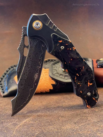 VG10 Damascus Hunting Survival Pocket Knife Carbon Fiber with Clip Ball Bearing - AK-HT0959