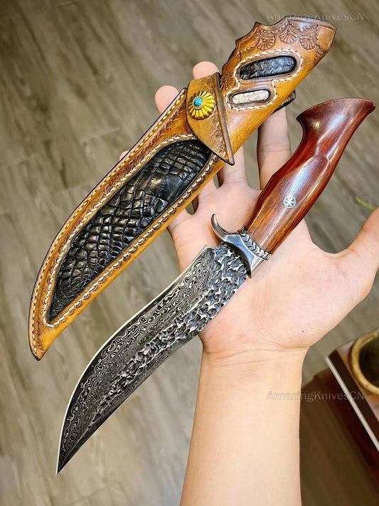VG10 Damascus Hunting Knife Camping Survival Fixed Blade Sheath Black - AK-HT0659