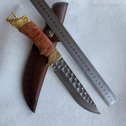 Handcrafted Collectible Damascus Hunting Knife Survival Knife Dragon Head Golden - AK-HT0941