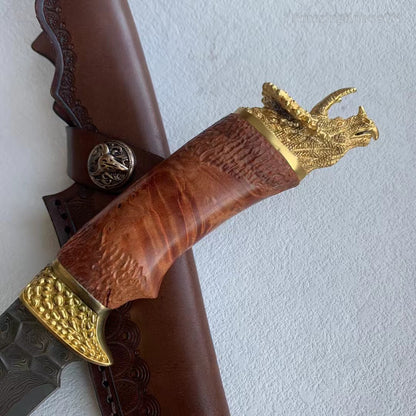 Handcrafted Collectible Damascus Hunting Knife Survival Knife Dragon Head Golden - AK-HT0941