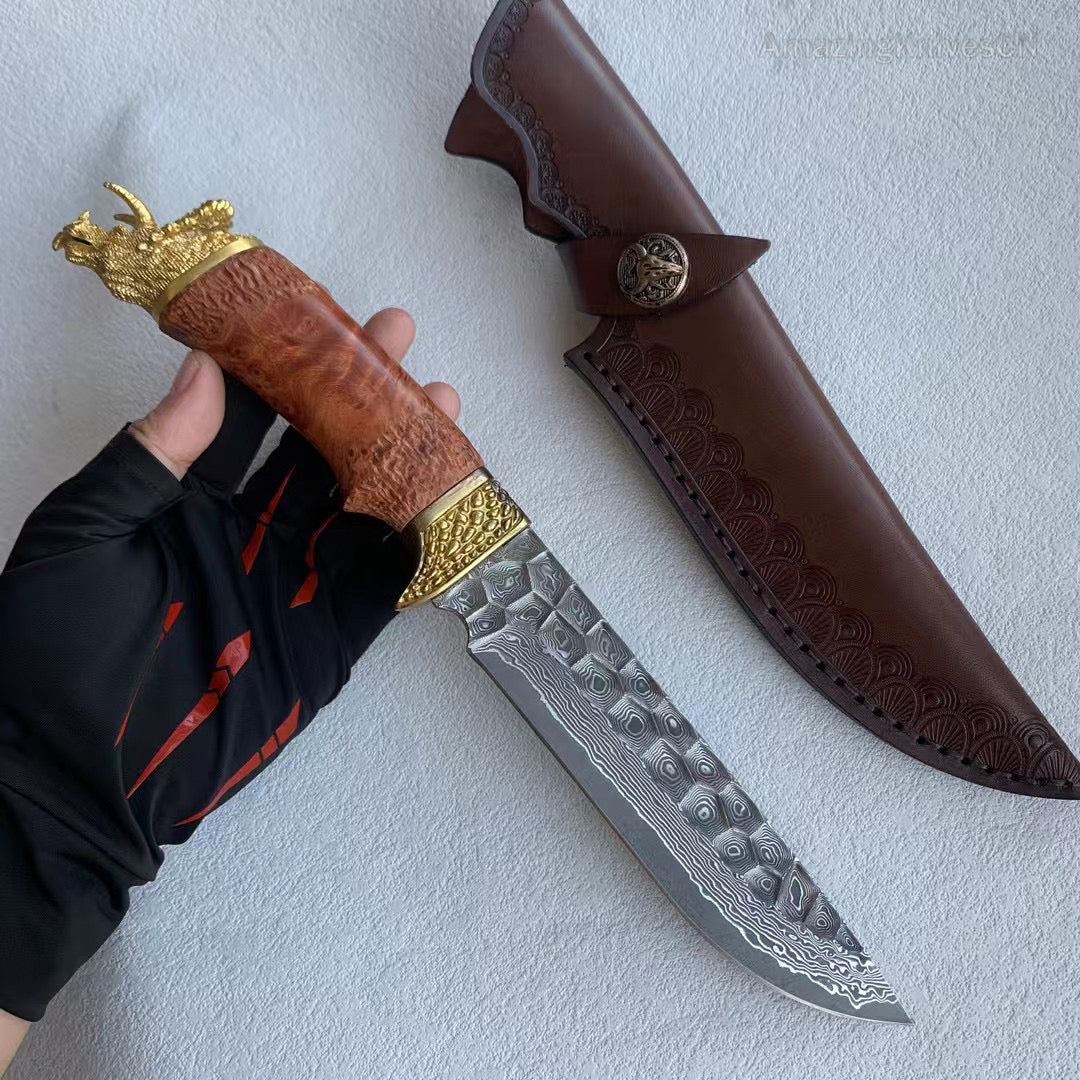 Handcrafted Collectible Damascus Hunting Knife Survival Knife Dragon Head Golden - AK-HT0941