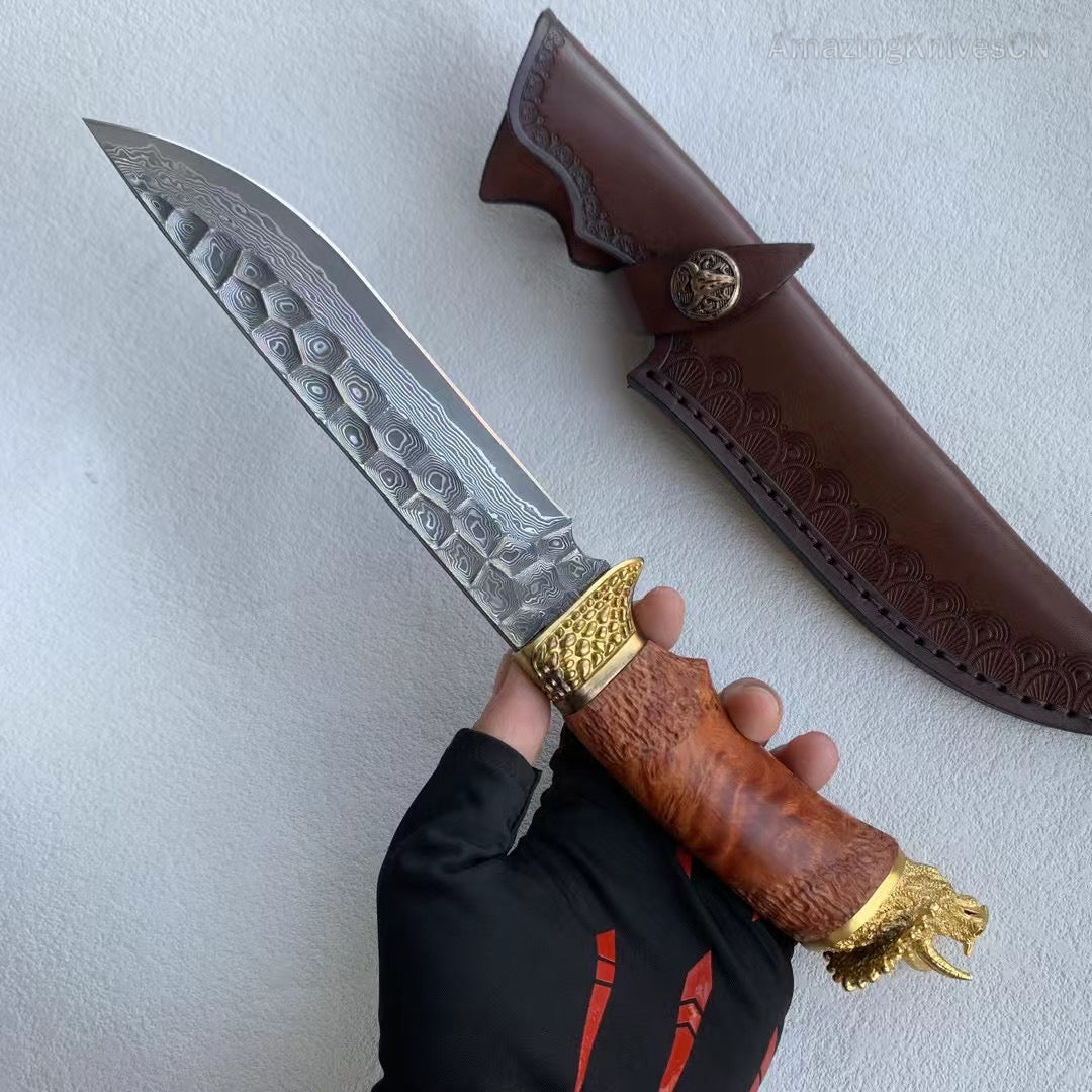 Handcrafted Collectible Damascus Hunting Knife Survival Knife Dragon Head Golden - AK-HT0941