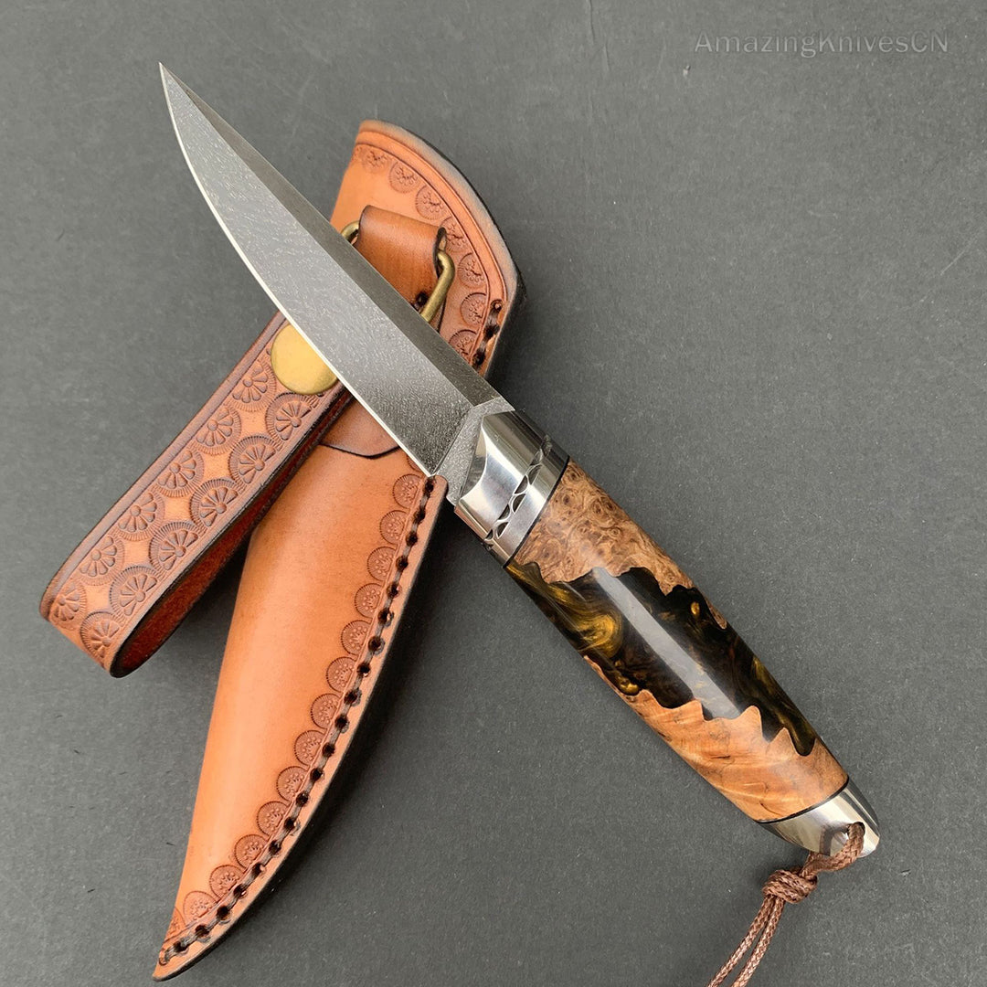 Premium Collectible Wootz Steel Knife with Leather Sheath - AK-HT0806