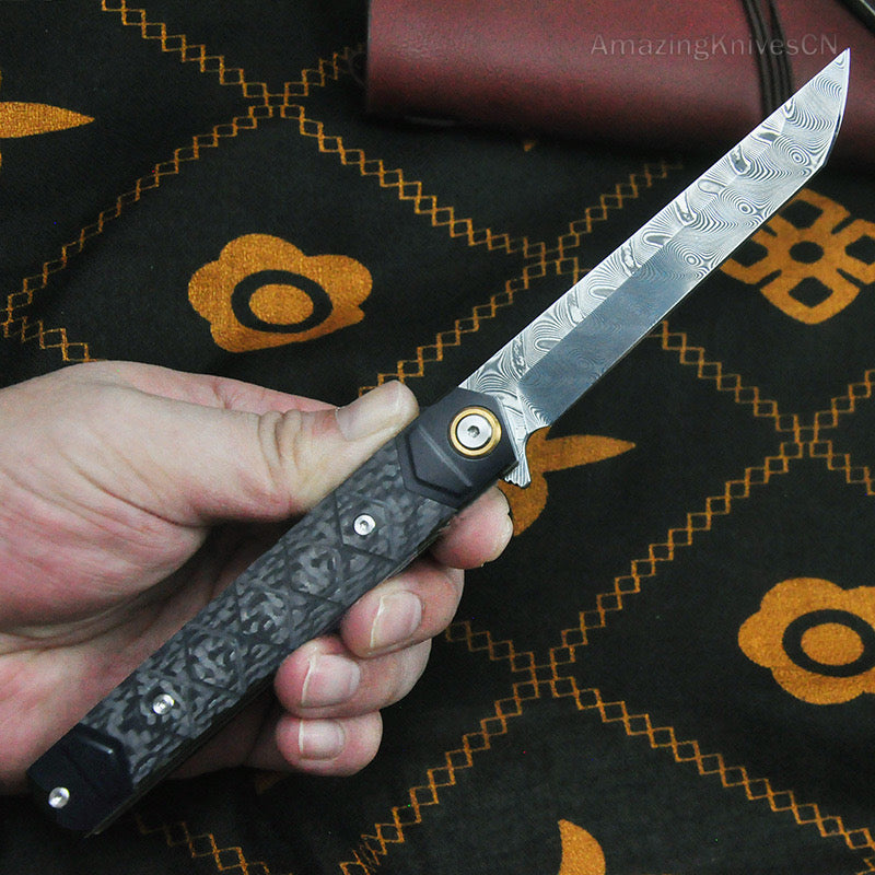 Handmade Damascus Steel Folding Knife Pocket Knives Sheath Carbon Fiber Handle - AK-HT0960