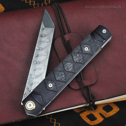 Handmade Damascus Steel Folding Knife Pocket Knives Sheath Carbon Fiber Handle - AK-HT0960