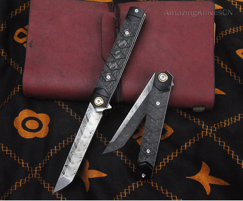 Handmade Damascus Steel Folding Knife Pocket Knives Sheath Carbon Fiber Handle - AK-HT0960