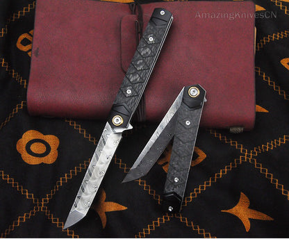 Handmade Damascus Steel Folding Knife Pocket Knives Sheath Carbon Fiber Handle - AK-HT0960