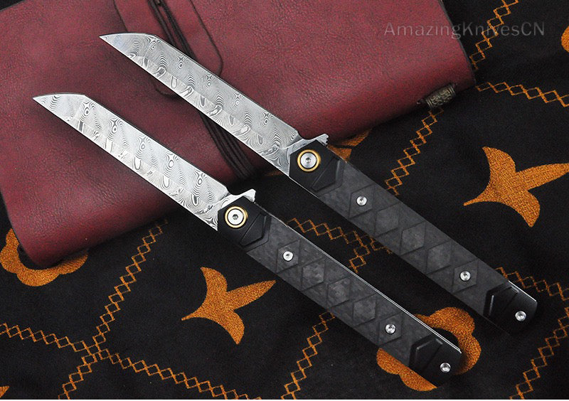 Handmade Damascus Steel Folding Knife Pocket Knives Sheath Carbon Fiber Handle - AK-HT0960