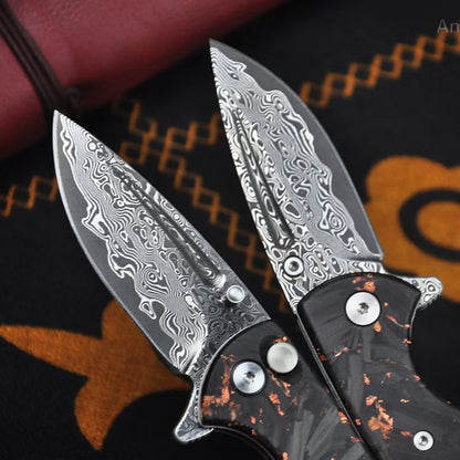 Vg10 Damascus Hunting Survival Folding Pocket Knife Carbon Fiber Ball Bearing - AK-HT0968