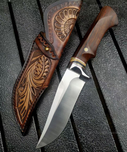 High Quality M390 Steel Bowie Knife Fixed Blade Ironwood Handle with Leather Sheath - AK-HT0839-M