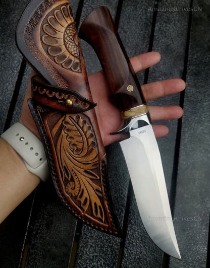 High Quality M390 Steel Bowie Knife Fixed Blade Ironwood Handle with Leather Sheath - AK-HT0839-M