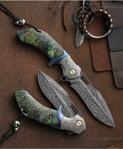 Handcrafted Feather Damascus Pocket Knife Wood Handle - AK-HT0940-FT