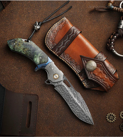 Handcrafted Feather Damascus Pocket Knife Wood Handle - AK-HT0940-FT