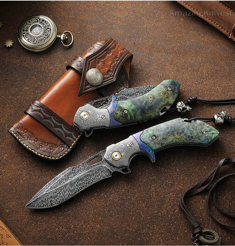 Handcrafted Feather Damascus Pocket Knife Wood Handle - AK-HT0940-FT