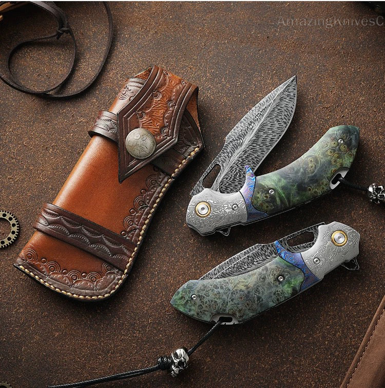 Handcrafted Feather Damascus Pocket Knife Wood Handle - AK-HT0940-FT