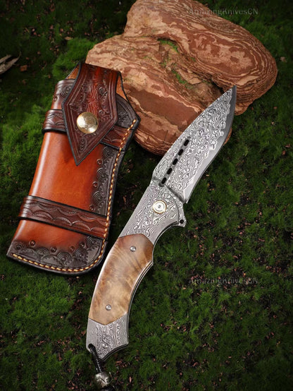 85 Layers Damascus Pocket Knife Folding Knives Ball Bearing - AK-HT0871