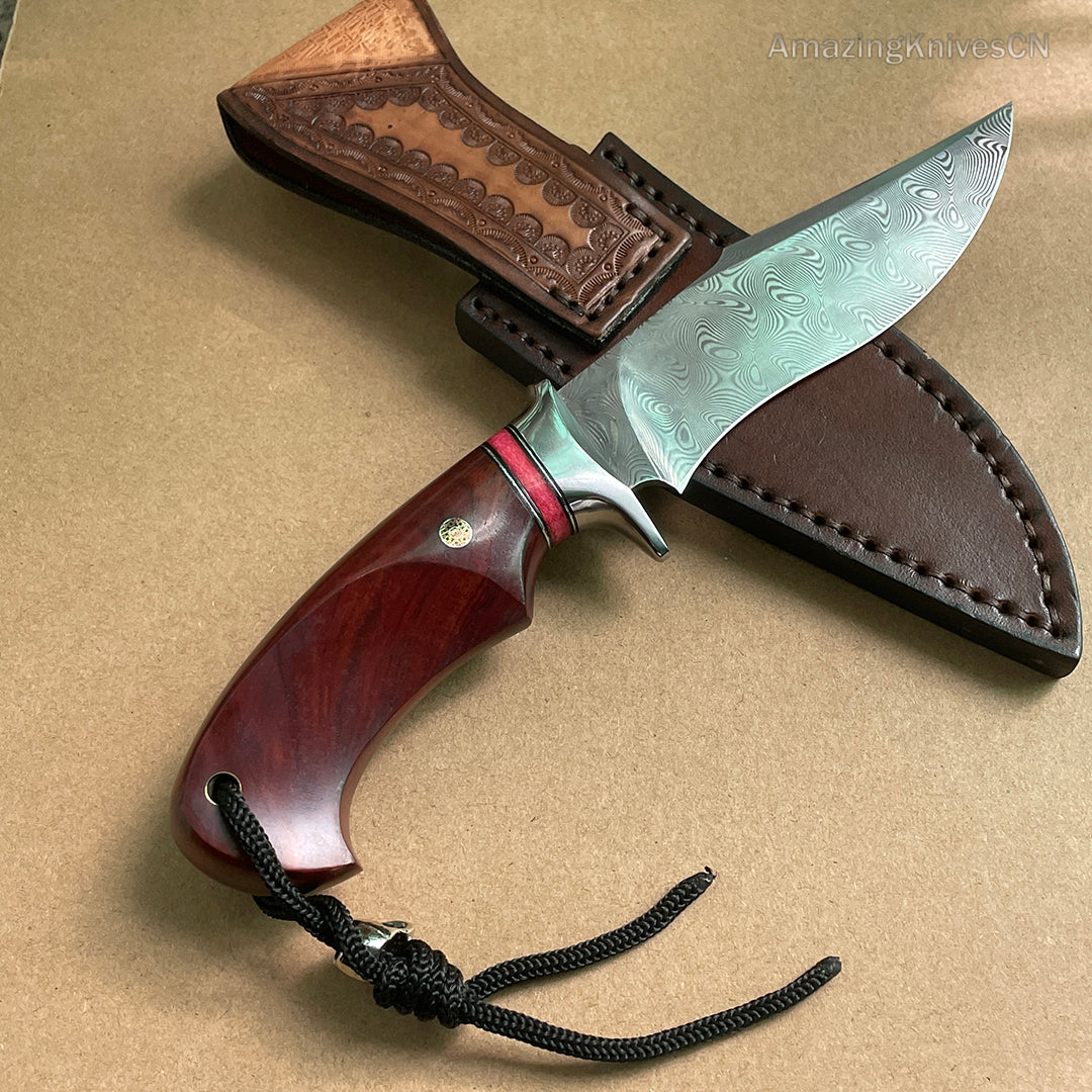Japanese VG10 Damascus Steel Bowie Knife with Leather Sheath- AK-HT0493-R