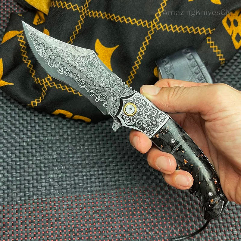 Vg10 Damascus Hunting Survival Folding Pocket Knife Carbon Fiber Ball Bearing - AK-HT0831 -C