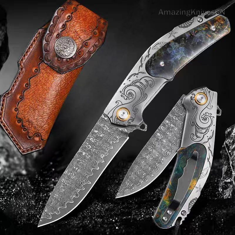 Handcrafted Japanese VG10 Damascus Pocket Knife Wood Handle Clip - AK-HT0963