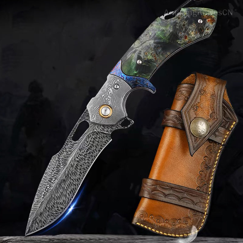 Handcrafted Feather Damascus Pocket Knife Wood Handle - AK-HT0940-FT