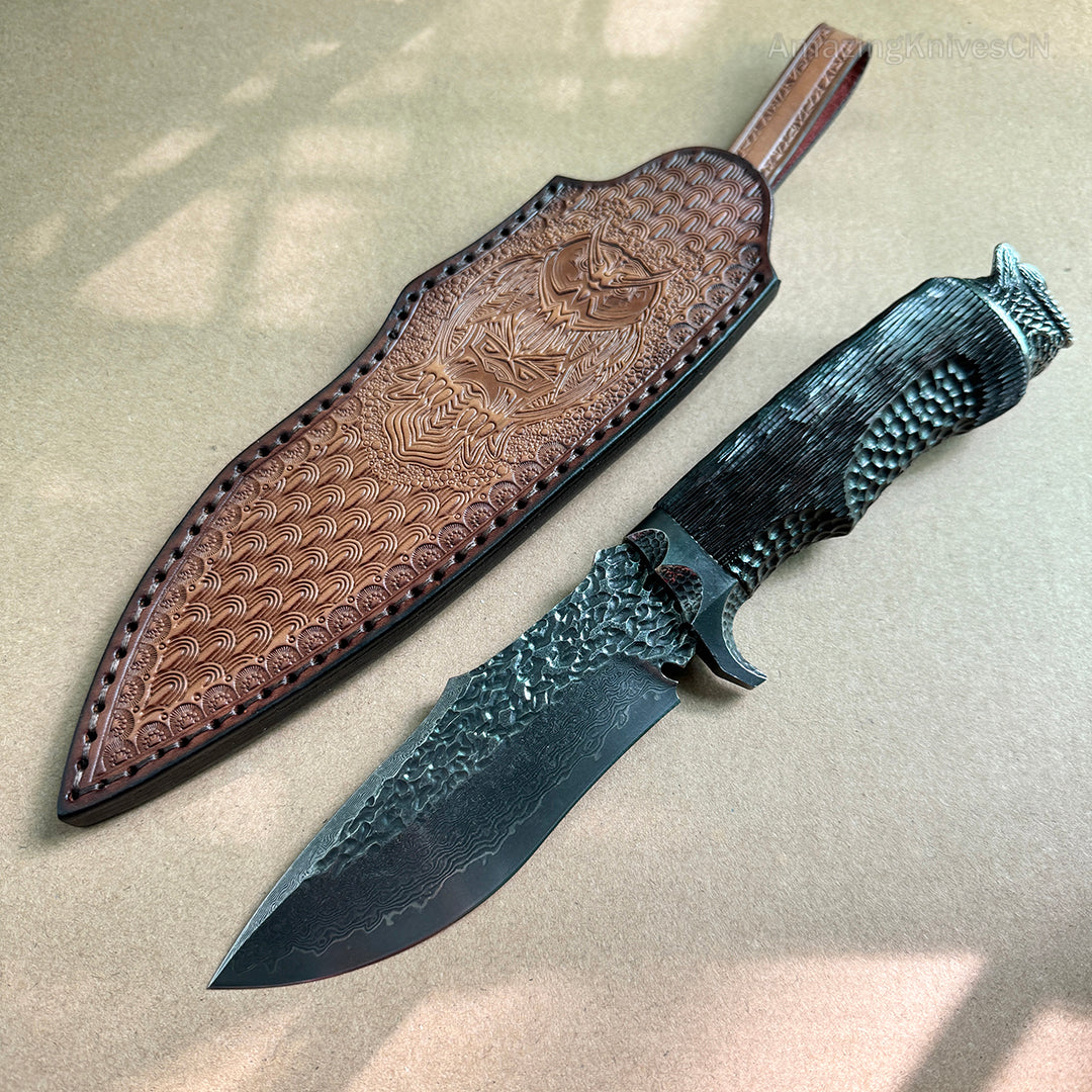 Vg10 Hunting Knife Fixed Blade Damascus Steel Handcrafted Owl Head -AK-HT0810