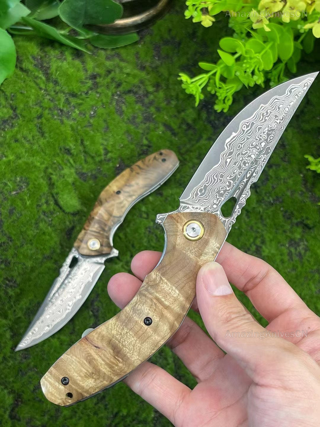 Damascus Hunting Folding Pocket Knife Survival Ball Bearing Clip Flipper Outdoor - AK-HT0882