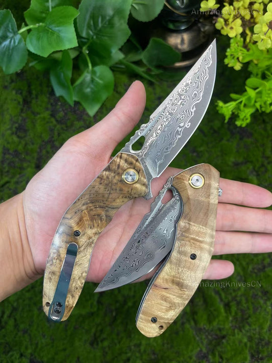 Damascus Hunting Folding Pocket Knife Survival Ball Bearing Clip Flipper Outdoor - AK-HT0882