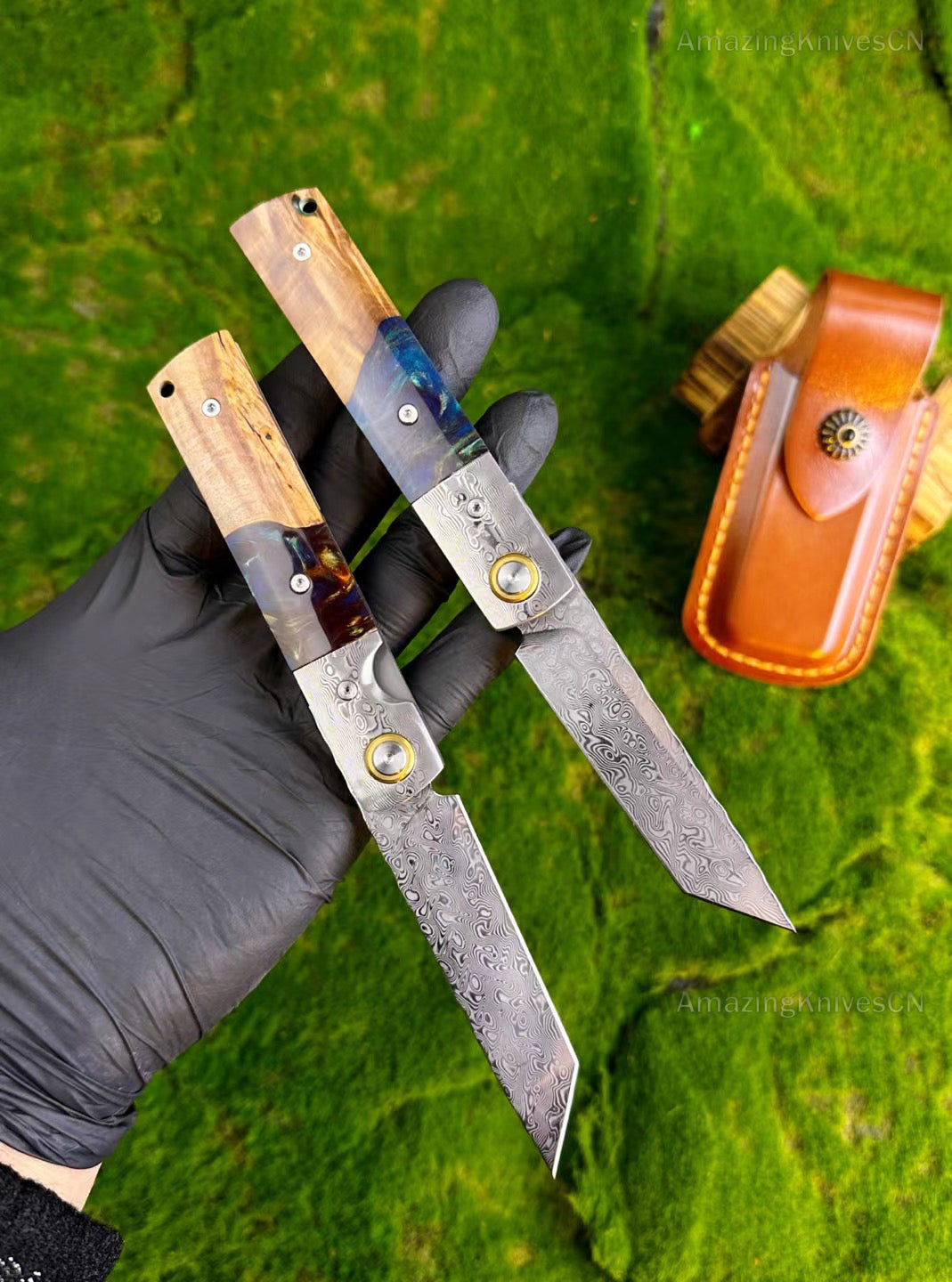 Damascus Steel Pocket Knife Folding Wooden Handle Ball Bearings Survival Tanto - AK-HT0884