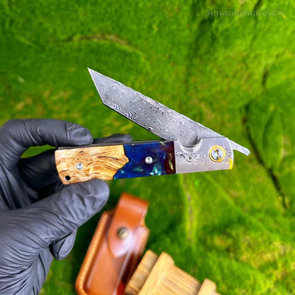 Damascus Steel Pocket Knife Folding Wooden Handle Ball Bearings Survival Tanto - AK-HT0884