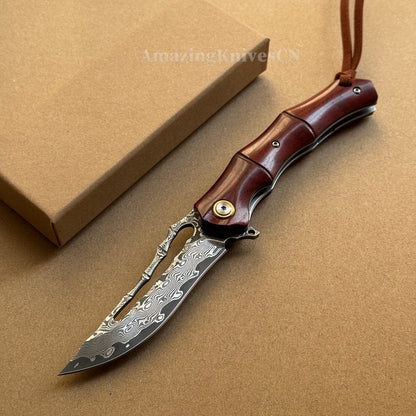 Handmade VG10 Damascus Pocket Knife Camping Outdoor Survival Knife Wood Handle - AK-HT0913