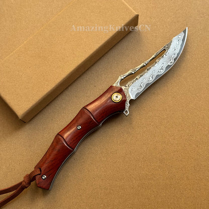 Handmade VG10 Damascus Pocket Knife Camping Outdoor Survival Knife Wood Handle - AK-HT0913