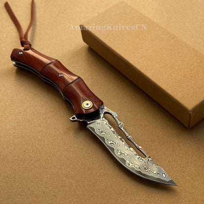 Handmade VG10 Damascus Pocket Knife Camping Outdoor Survival Knife Wood Handle - AK-HT0913