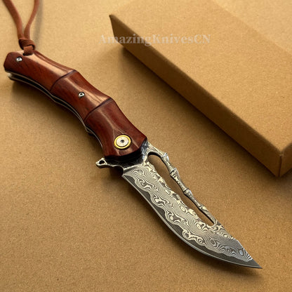 Handmade VG10 Damascus Pocket Knife Camping Outdoor Survival Knife Wood Handle - AK-HT0913