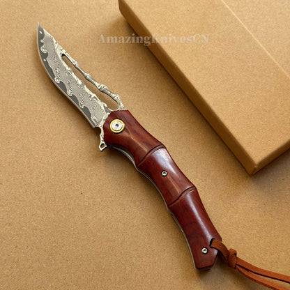 Handmade VG10 Damascus Pocket Knife Camping Outdoor Survival Knife Wood Handle - AK-HT0913