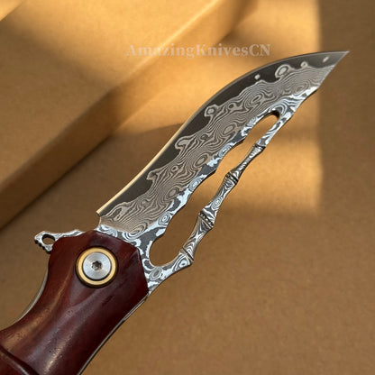 Handmade VG10 Damascus Pocket Knife Camping Outdoor Survival Knife Wood Handle - AK-HT0913