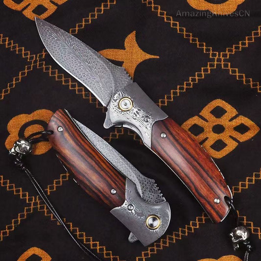 Handmade Collectible Feather Knife Damascus Survival Pocket Knifes Ball Bearing - AK-HT0885