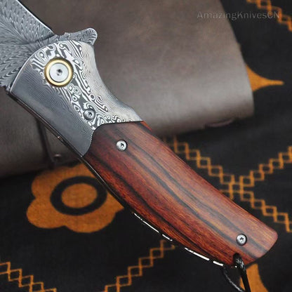 Handmade Collectible Feather Knife Damascus Survival Pocket Knifes Ball Bearing - AK-HT0885