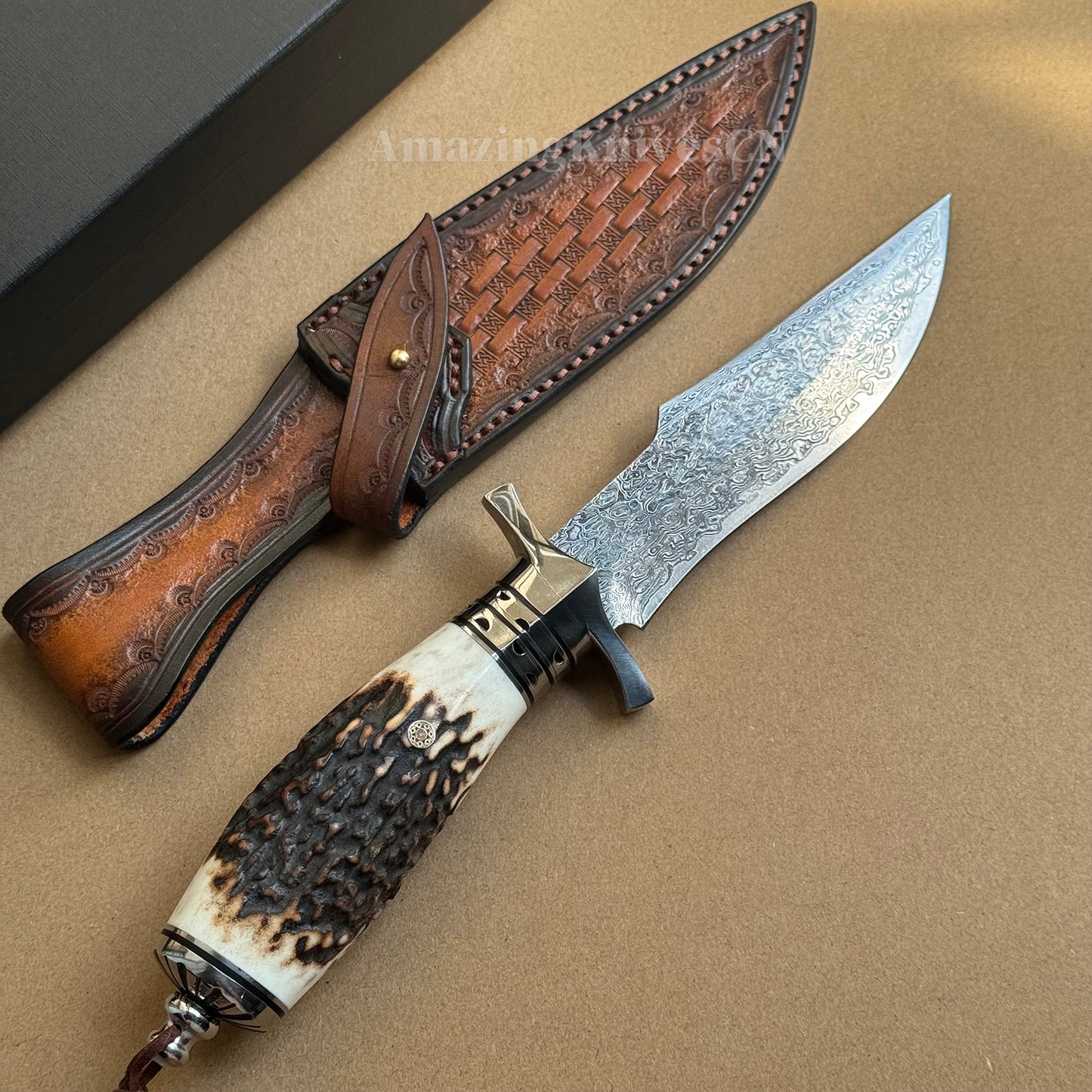 Damascus Survival Outdoor Camping Hunting Knife Fixed Blade Stag Antler Sheath - AK-HT0307