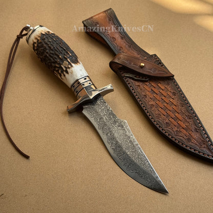 Damascus Survival Outdoor Camping Hunting Knife Fixed Blade Stag Antler Sheath - AK-HT0307