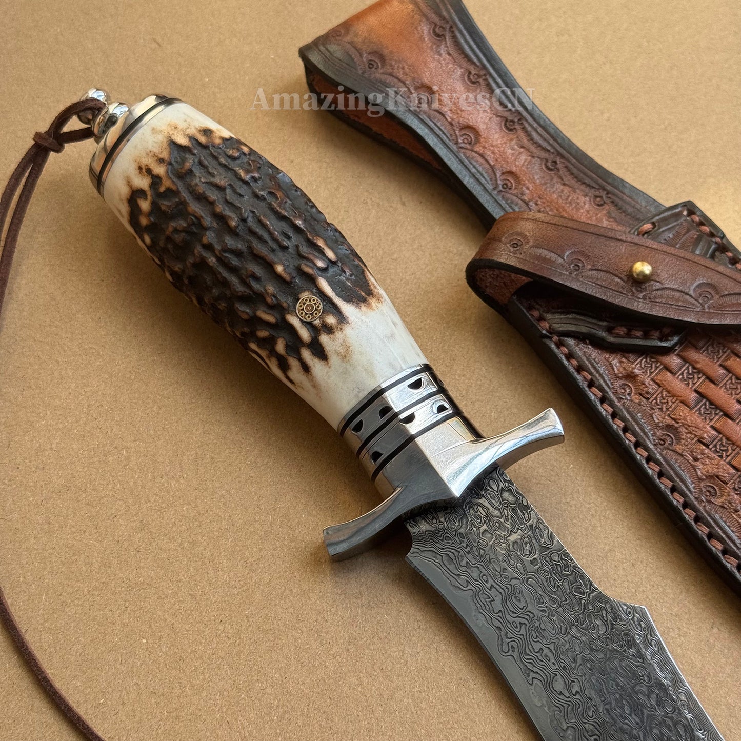 Damascus Survival Outdoor Camping Hunting Knife Fixed Blade Stag Antler Sheath - AK-HT0307