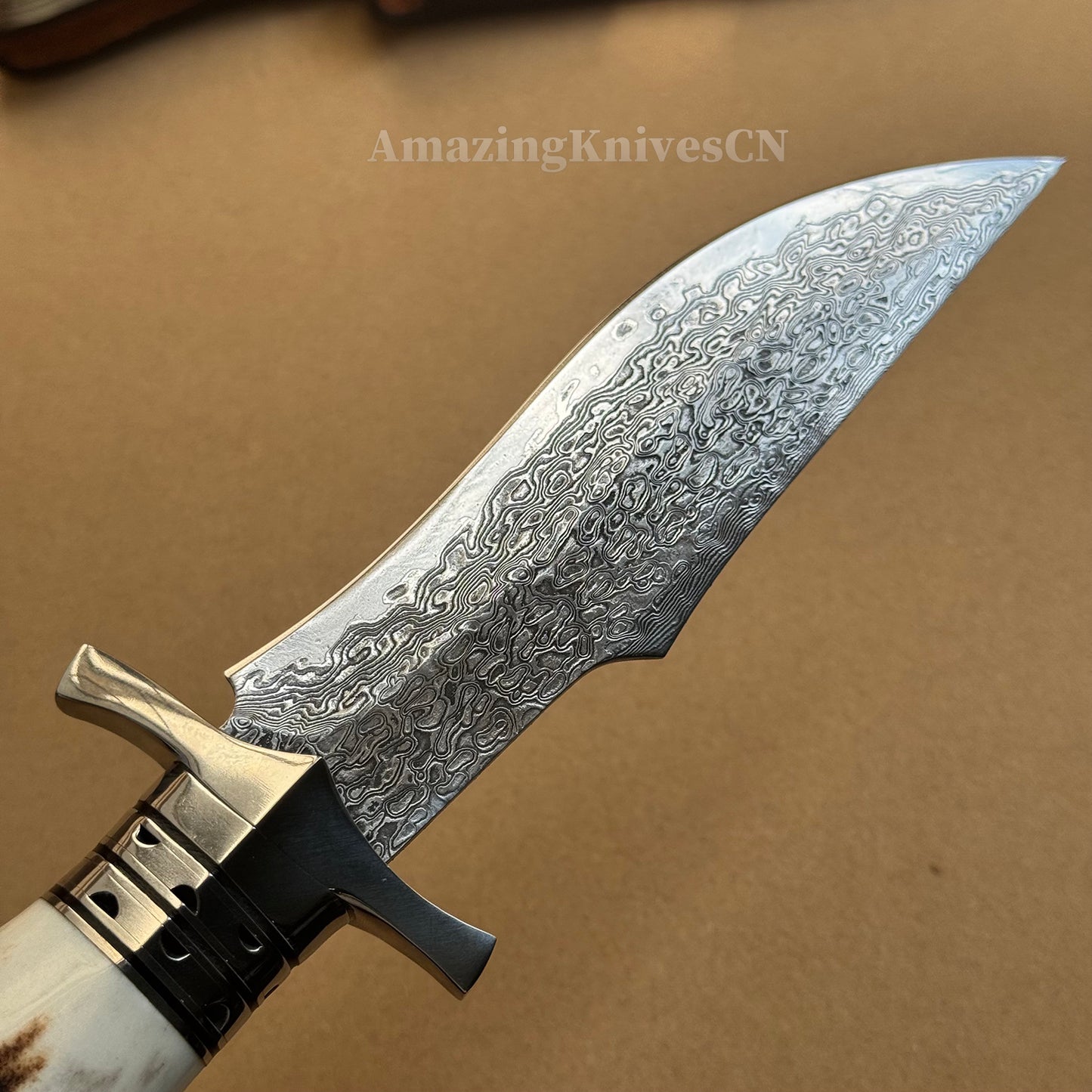 Damascus Survival Outdoor Camping Hunting Knife Fixed Blade Stag Antler Sheath - AK-HT0307