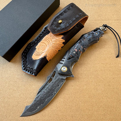 VG10 Damascus Hunting Survival Pocket Knife Carbon Fiber with Clip Ball Bearing - AK-HT0959