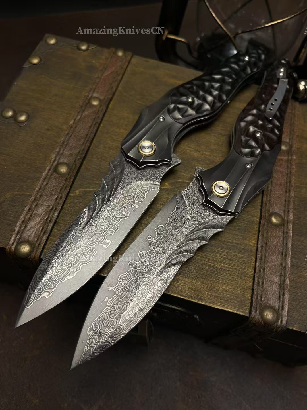 VG10 Damascus Hunting Survival Pocket Knife Ebony Wood with Clip Ball Bearing - AK-HT0987