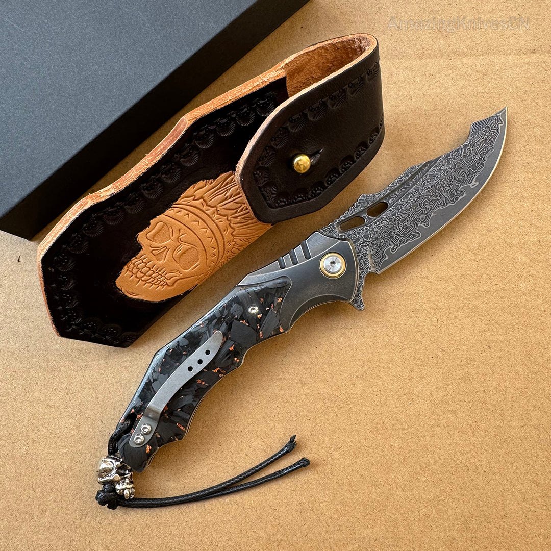 VG10 Damascus Hunting Survival Pocket Knife Carbon Fiber with Clip Ball Bearing - AK-HT0959