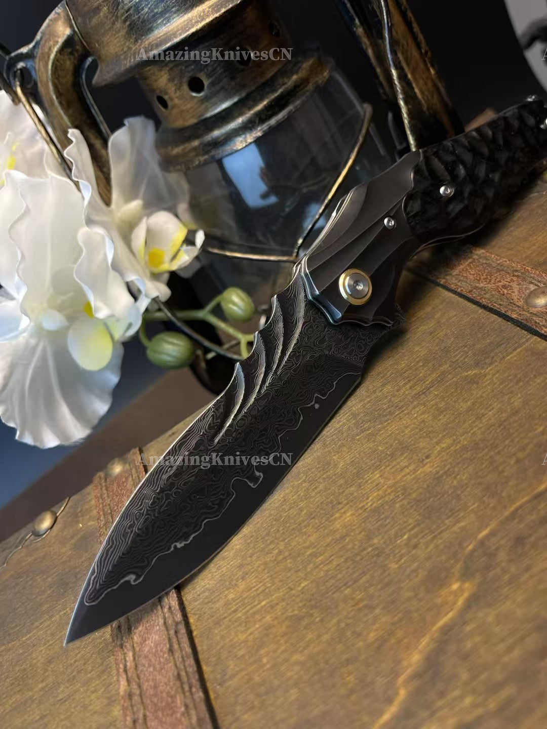 VG10 Damascus Hunting Survival Pocket Knife Ebony Wood with Clip Ball Bearing - AK-HT0987