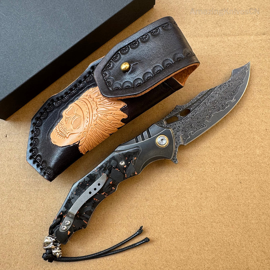 VG10 Damascus Hunting Survival Pocket Knife Carbon Fiber with Clip Ball Bearing - AK-HT0959