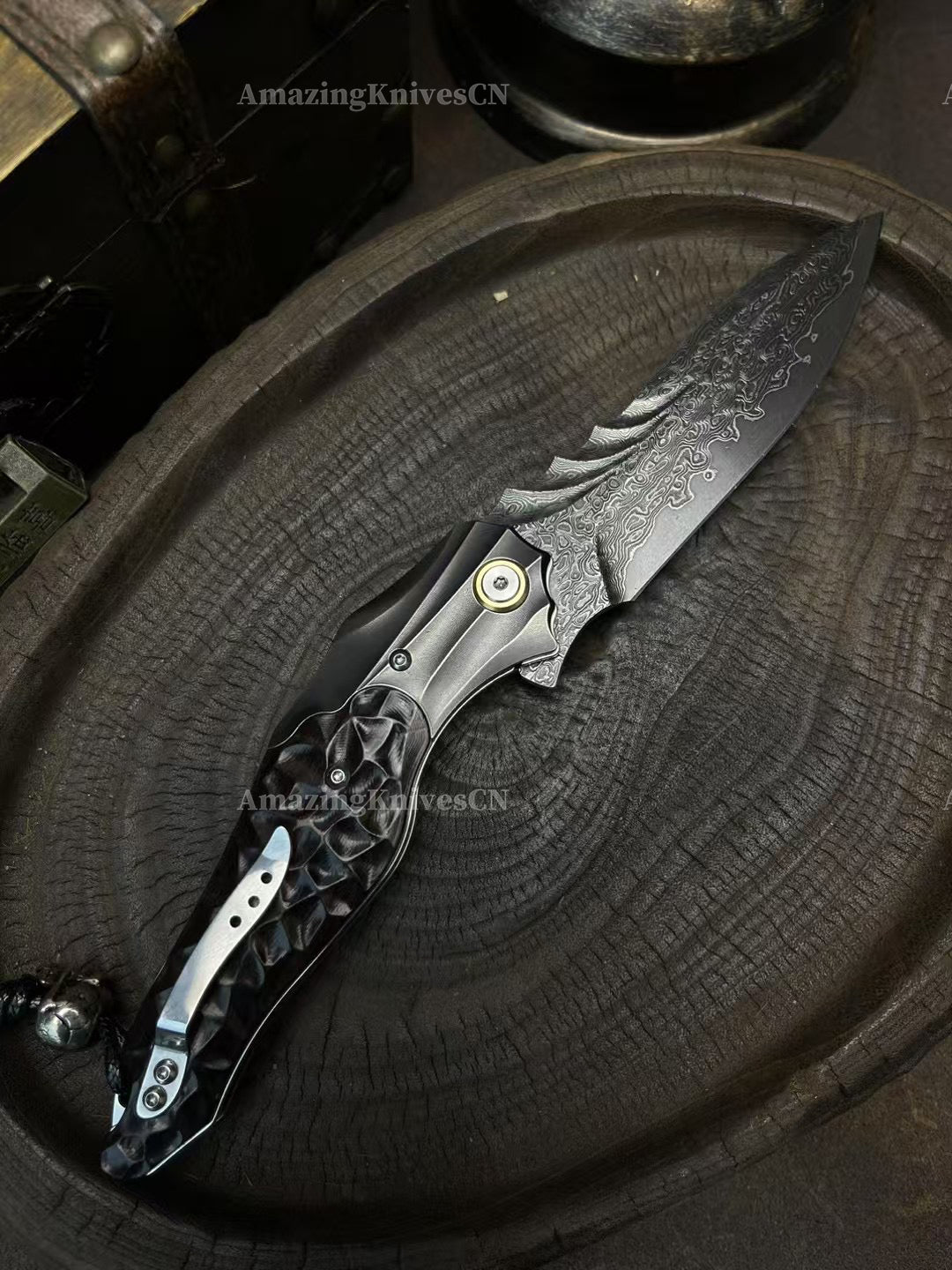 VG10 Damascus Hunting Survival Pocket Knife Ebony Wood with Clip Ball Bearing - AK-HT0987