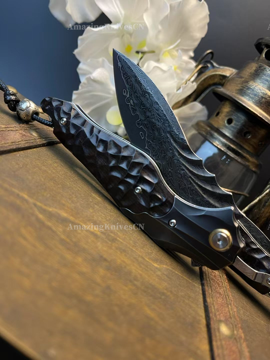 VG10 Damascus Hunting Survival Pocket Knife Ebony Wood with Clip Ball Bearing - AK-HT0987