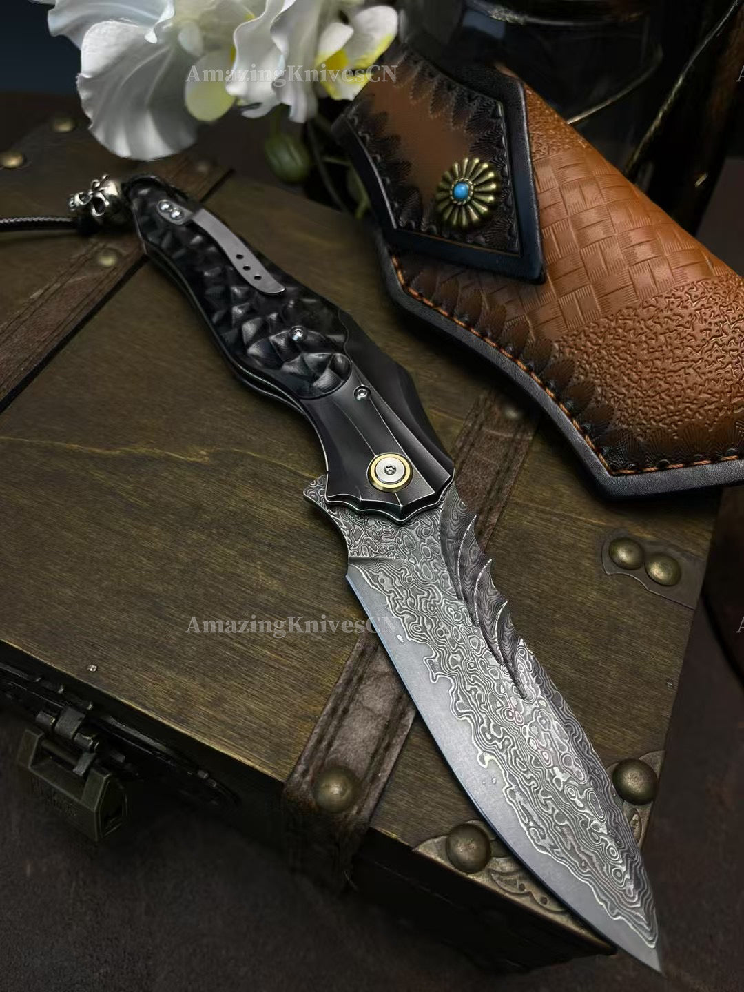 VG10 Damascus Hunting Survival Pocket Knife Ebony Wood with Clip Ball Bearing - AK-HT0987